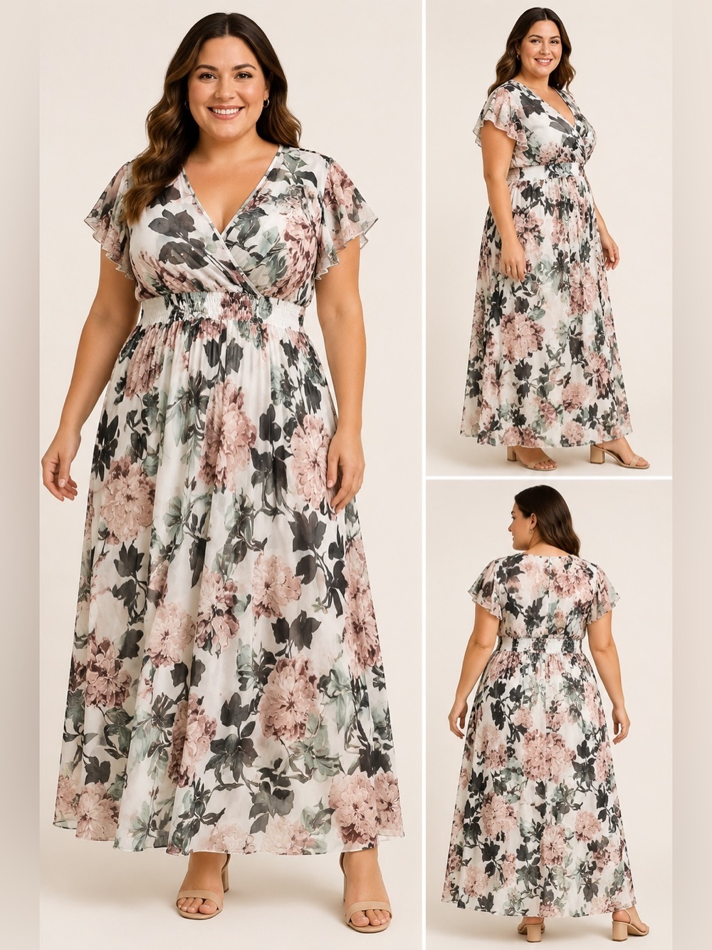 Alexa B Nites Floral Chiffon Maxi Dress Size 14W Wrap V Neck Flutter Sleeve